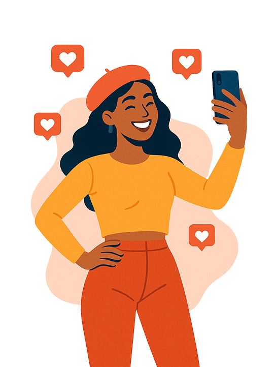 cartoon women smiling at phone with orange hearts floating around her